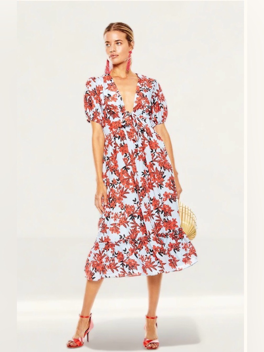 La Maison Talulah Red Sea Floral Midi Dress XL Short Sleeve Tie Front V-Neck